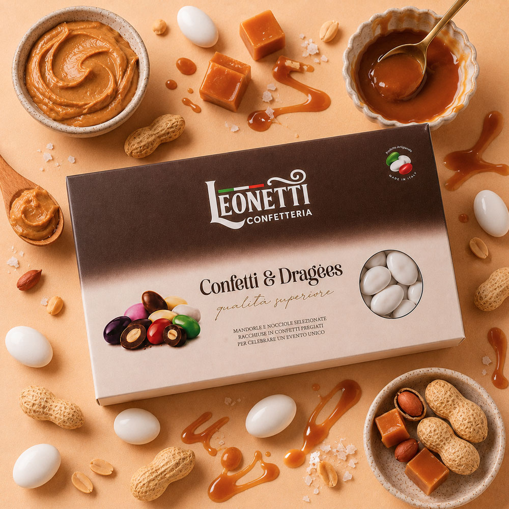 Confetti bianchi CuorDi mandorla gusto Burro d'arachidi e caramello | Confetteria Leonetti da 1 kg