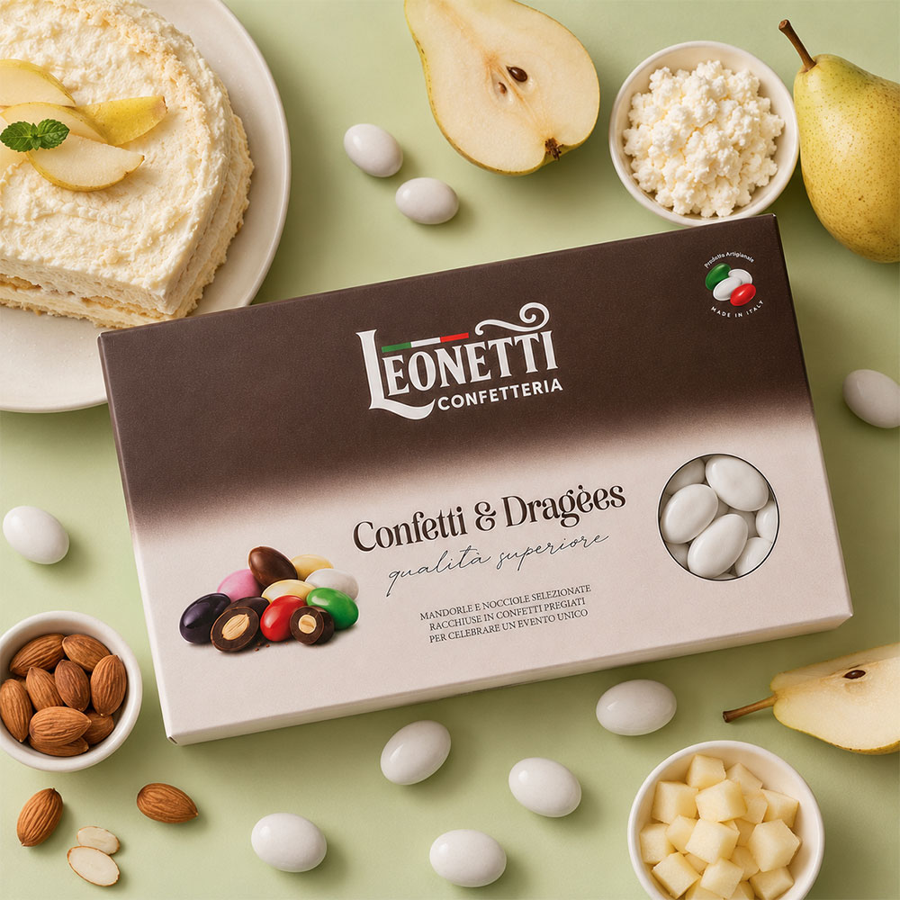 Confetti bianchi CuorDi mandorla gusto Ricotta e pera | Confetteria Leonetti da 1 kg