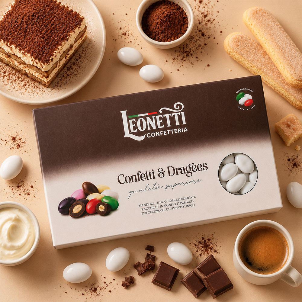 Confetti bianchi CuorDi mandorla gusto Tiramisù | Confetteria Leonetti da 1 kg