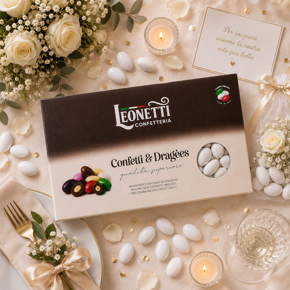 Confetti bianchi CuorDi mandorla pelata calibro 37 | Confetteria Leonetti da 1 kg