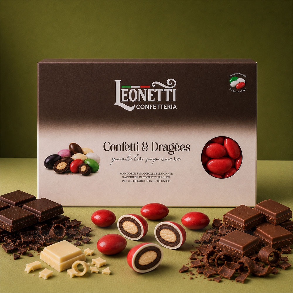 Confetti rossi CuorDi Mandorla in Trilogia di Cioccolato | Confetteria Leonetti da 1 kg
