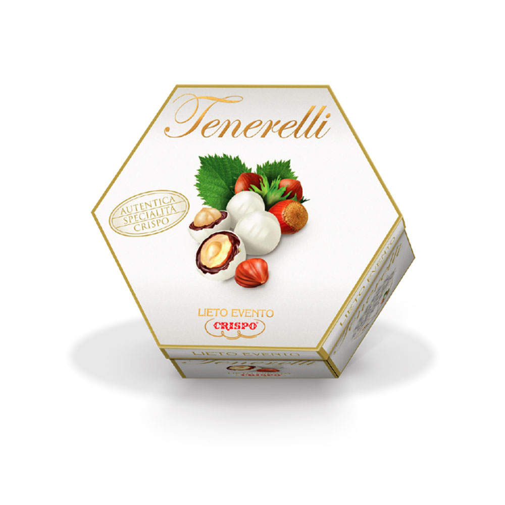 Confetti bianchi incartati singolarmente con nocciola | linea Lieto Evento Tenerelli Crispo da 500 gr